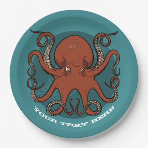 Fierce Red Octopus Tentacles Cartoon Paper Plate