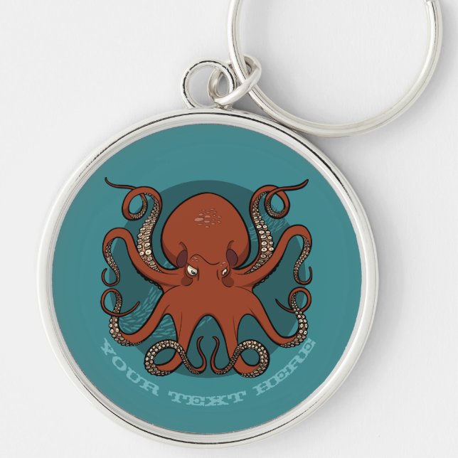 Fierce Red Octopus Tentacles Cartoon With Text Key Ring (Front)