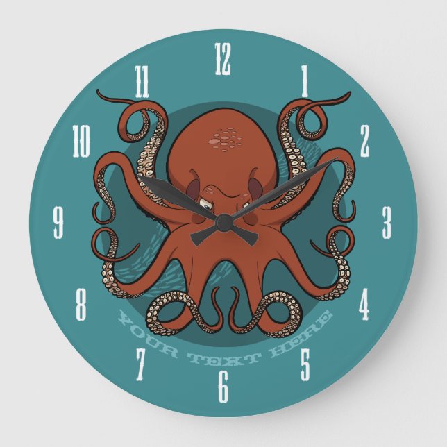 Fierce Red Octopus Tentacles Cartoon With Text Large Clock (Front)