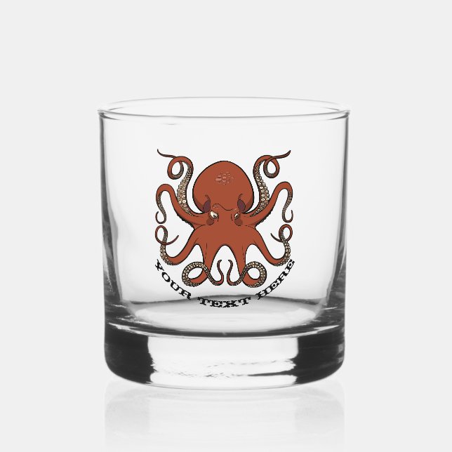 Fierce Red Octopus With Curling Tentacles Cartoon Whiskey Glass (Front)