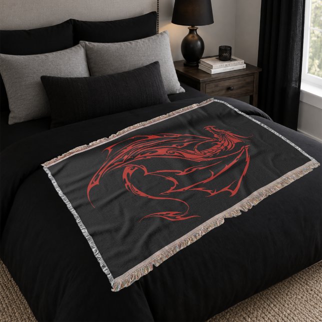 Fierce Red Tribal Dragon Silhouette Fantasy Throw Blanket (Creator Uploaded)