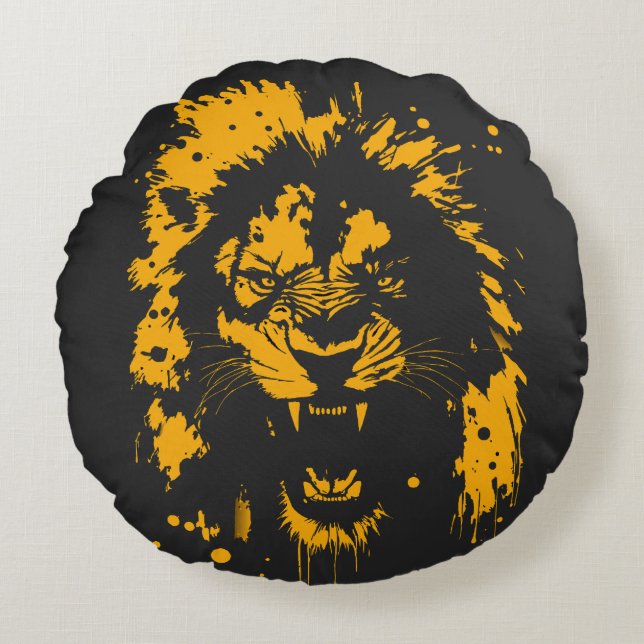 Fierce roaring lion splash art round cushion (Front)