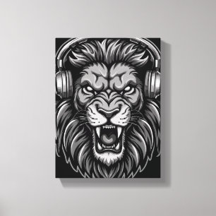 Fierce Roaring Lion with Headphones Monochrome Pos Canvas Print