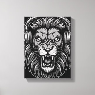 Fierce Roaring Lion with Headphones Monochrome Pos Canvas Print