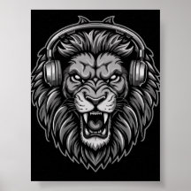 Fierce Roaring Lion with Headphones Monochrome Pos