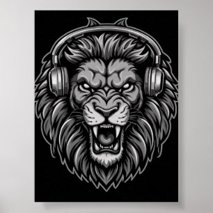 Fierce Roaring Lion with Headphones Monochrome Pos Poster