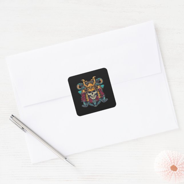 Fierce Samurai Skull Vintage Tattoo Art Square Sticker (Envelope)
