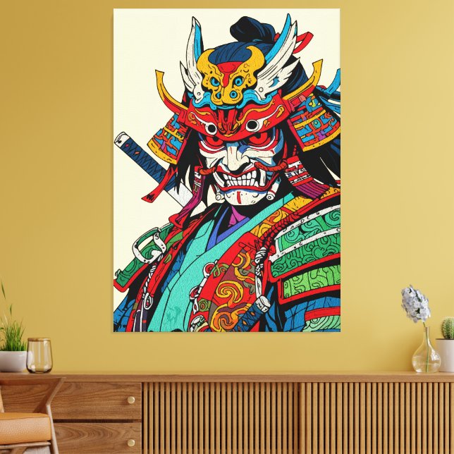Fierce Samurai Warrior – Colourful Japanese Bushid Canvas Print (Insitu(LivingRoom))
