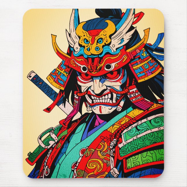 Fierce Samurai Warrior – Colourful Japanese Bushid Mouse Mat (Front)