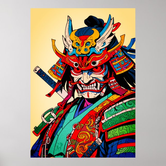 Fierce Samurai Warrior – Colourful Japanese Bushid Poster (Front)