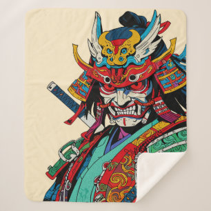Fierce Samurai Warrior – Colourful Japanese Bushid Sherpa Blanket
