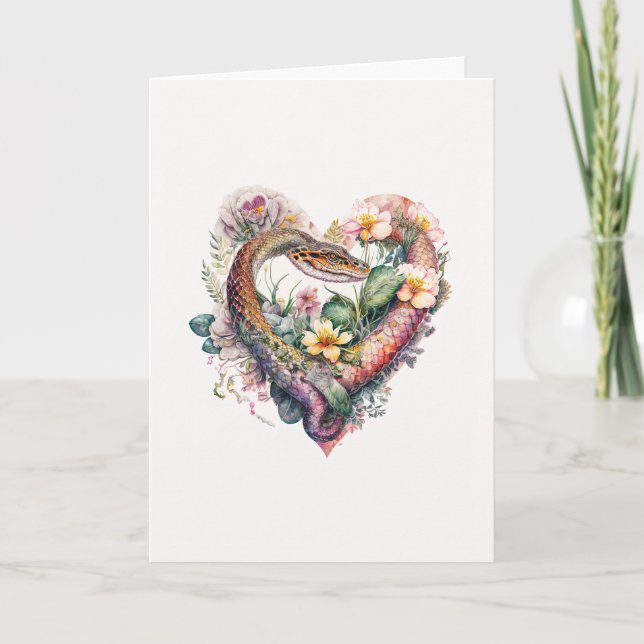 Fierce Snake with Pretty Flowers Valentine's Day Holiday Card (Front)