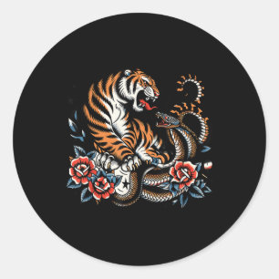 Fierce Tiger And Snake Fight Design Clic Tattoo St Classic Round Sticker