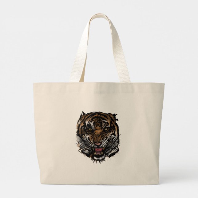 Fierce Tiger Face Art Bold Jungle Predator Large Tote Bag (Back)