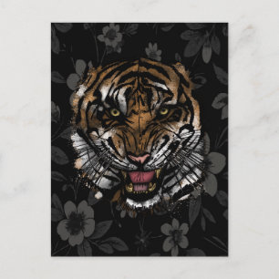 Fierce Tiger Face White Floral Gothic Aesthetic Postcard