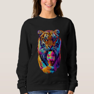 Fierce Tiger Ice Cream Cone Retro 80s Outrun Vibe Sweatshirt