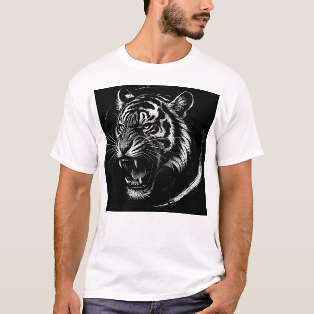 Fierce Tiger Roar – Monochrome Ink Style T-Shirt (Front)