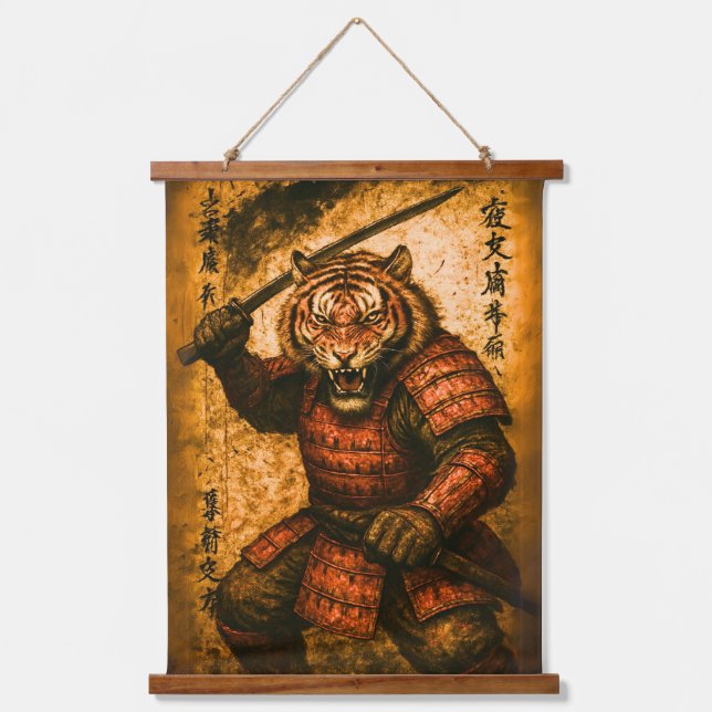 Fierce Tiger Samurai Warrior - Japanese Ink Style Hanging Tapestry (Front)
