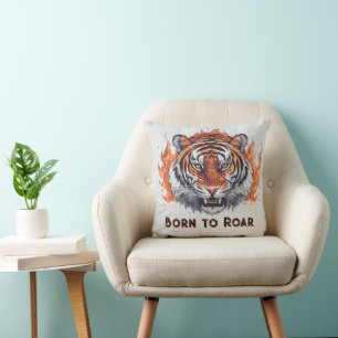 Fierce Tiger with Flames - Customizable Text Cushion