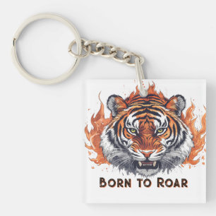 Fierce Tiger with Flames - Customizable Text Key Ring