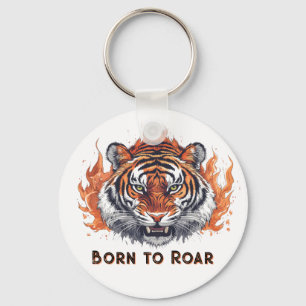 Fierce Tiger with Flames - Customizable Text Key Ring