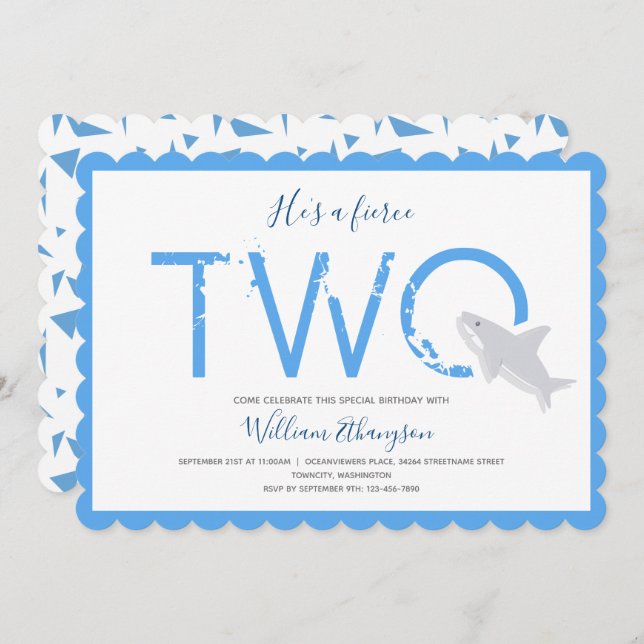 Fierce Two Blue White Shark Animal 2nd Birthday Invitation (Front/Back)