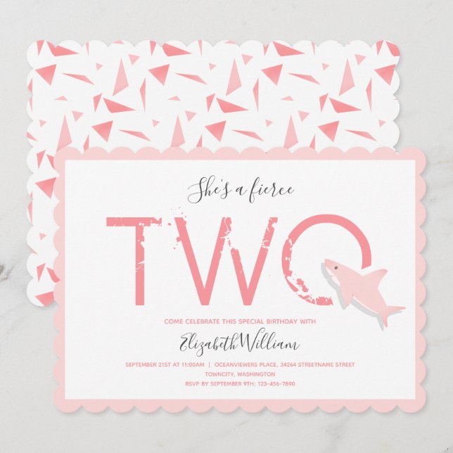 Fierce Two Pink Shark Animal 2nd Birthday Invitation (Front/Back)