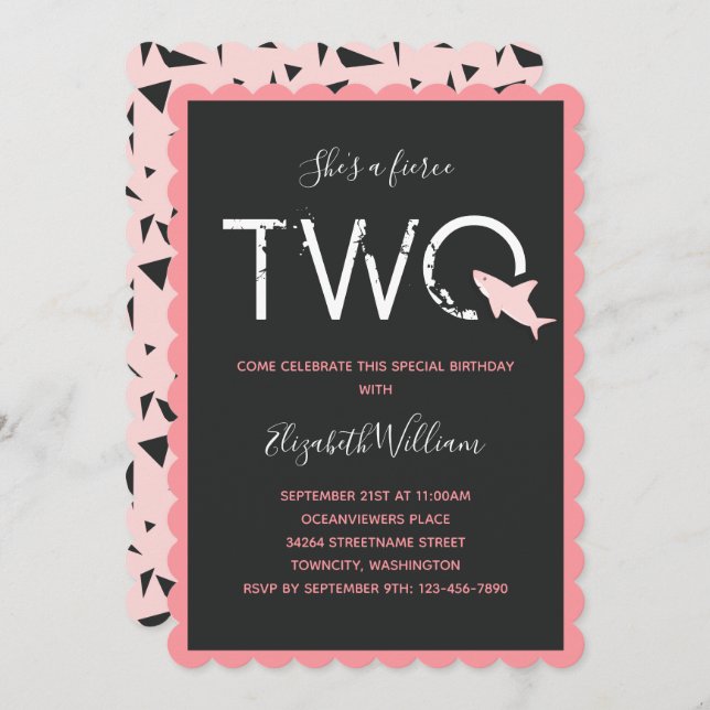 Fierce Two Pink Shark Bold Animal 2nd Birthday Invitation (Front/Back)