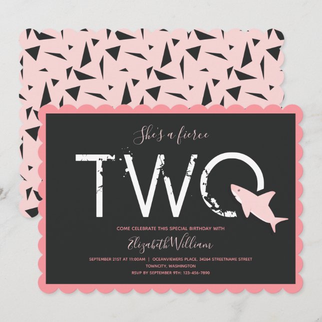 Fierce Two Pink Shark Bold Animal 2nd Birthday Invitation (Front/Back)