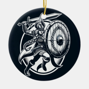 Fierce Valkyrie Warrior – Norse Mythology Line Art Ceramic Tree Decoration