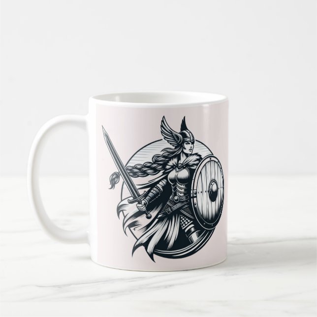Fierce Valkyrie Warrior – Norse Mythology Line Art Coffee Mug (Left)