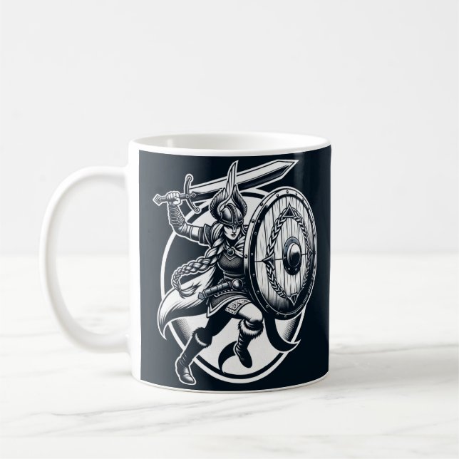 Fierce Valkyrie Warrior – Norse Mythology Line Art Coffee Mug (Left)