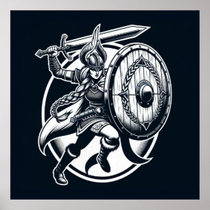 Fierce Valkyrie Warrior – Norse Mythology Line Art Poster