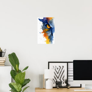 Fierce watercolor owl in blue and orange poster