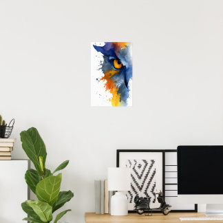Fierce watercolor owl in blue and orange poster