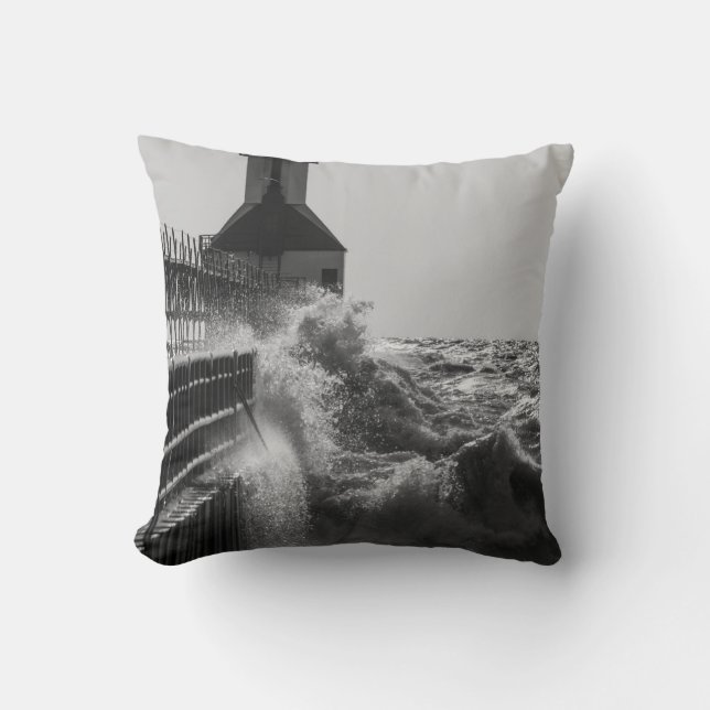 Fierce Waves At St Joseph Grayscale Cushion (Front)