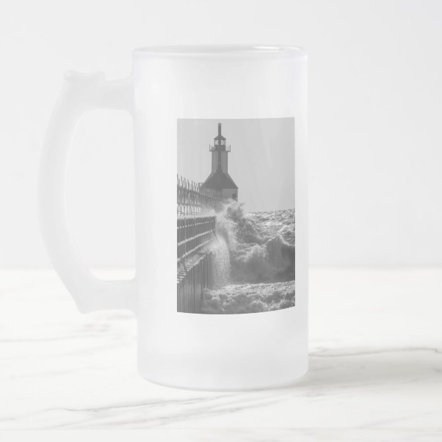 Fierce Waves At St Joseph Grayscale Frosted Glass Beer Mug (Left)