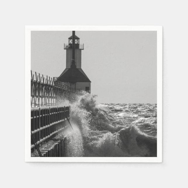 Fierce Waves At St Joseph Grayscale Napkin (Front)