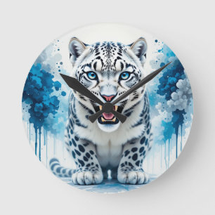Fierce White Leopard Round Clock