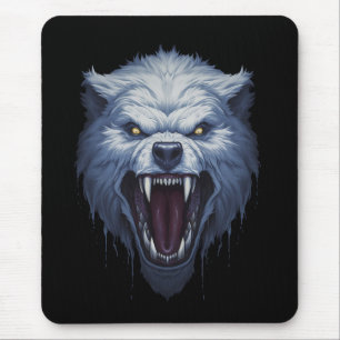 Fierce White Wolf Head Dark Fantasy Illustration Mouse Mat