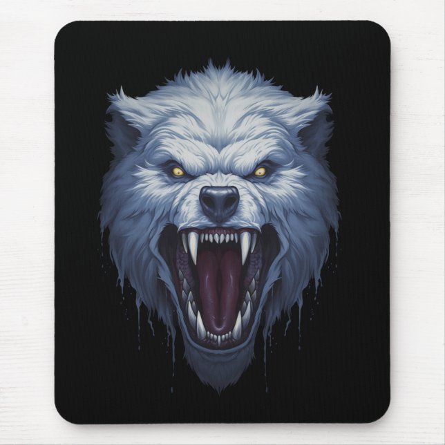 Fierce White Wolf Head Dark Fantasy Illustration Mouse Mat (Front)