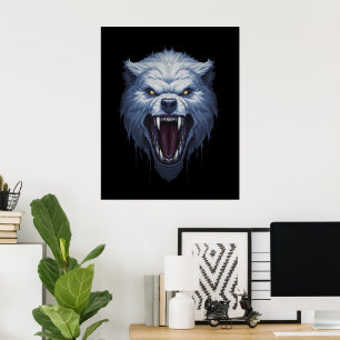 Fierce White Wolf Head Dark Fantasy Illustration Poster