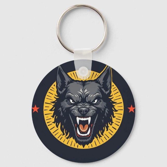 Fierce Wolf Illustration with Circular Design Key Ring (Front)
