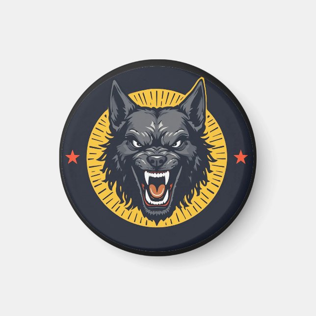 Fierce Wolf Illustration with Circular Design Magnet (Front)