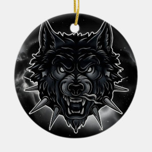 Fierce Wolf Illustration with Spiked Collar Ceramic Tree Decoration