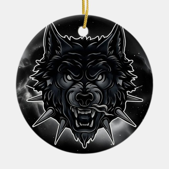 Fierce Wolf Illustration with Spiked Collar Ceramic Tree Decoration (Front)
