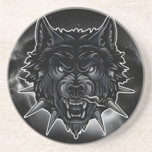 Fierce Wolf Illustration with Spiked Collar Coaster