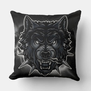 Fierce Wolf Illustration with Spiked Collar Cushion