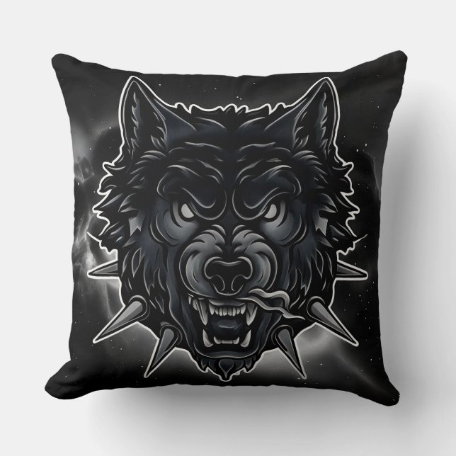 Fierce Wolf Illustration with Spiked Collar Cushion (Front)