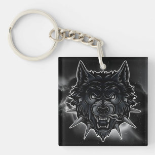 Fierce Wolf Illustration with Spiked Collar Key Ring